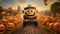 Design an animated scene where pumpkin-shaped trucks, complete with googly eyes and quirky expressions, navigate a bumpy road