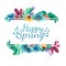 Design banner with Happy spring logo. Card for spring season with white frame and herb. Promotion offer with sprin