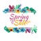 Design banner with spring sale logo. Discount card for spring season with white frame and herb. Promotion offer wit