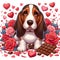 A design of a basset hound dog, posing in cute with chocolate, surrounded by the rose flower petals, love scene, romantic, cartoon