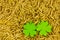 Design beer base day, holiday symbol St. Patrick`s Day couple green clover lies on a background of millet grain with copy space
