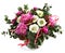 Design a bouquet of pink peonies, white poppies, and hypericum. Pink flowers, white flowers. Flower arrangement isolated on white