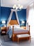 Design of a children`s bedroom, four-poster bed, nightstands with table lamps. Blue, orange, white color of the interior