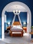 Design of a children`s bedroom, four-poster bed, nightstands with table lamps. Blue, orange, white color of the interior