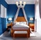 Design of a children`s bedroom, four-poster bed, nightstands with table lamps. Blue, orange, white color of the interior