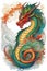 A design of colorful and charming dragon, with wood element and swirls splash, vector art, white background, printable, fantasy