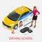 Design concept driving school or learning to drive. Flat isometric illustration