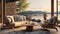 Design a contemporary coastal retreat lounge with a 3D background view of a tranquil lakeside setting, featuring a serene sofa and