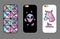 Design cover for phone with holographic patches of unicorn, alien and geometrical background.