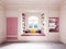 Design of the decoration of the area around the window in the nursery with shelves for books and toys with a cabinet with pink