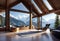 Design of an eco-friendly living room with a fireplace made of wood with mountain views, a plot of real estate in the mountains,