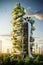 Design an eco-friendly skyscraper with a contemporary aesthetic.