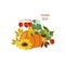 Design elements in the form of leaves, sunflowers, pumpkins and physalis flowers.