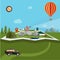 design of explorer with spyglass and balloon on map with ad