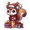 A design of a friendly and adorable chibi squirrel, dressed in holiday attire, perched on a pile of christmas gifts, cartoon