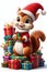 A design of a friendly and adorable squirrel dressed in holiday attire, preched on a pile of christmas presents, cartoon