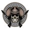 Design Gunfighter. Skull in cowboy hat, two crossed gun and bullets