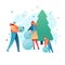 Design happy new year illustration family making a snowman. . Cute flat parents and kids character in a modern style