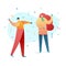 Design happy new year illustration young couple playing snowballs. Cute flat family character for christmas banner in