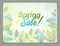 Design horizontal banner with Spring typing logo, green and fresh leaves frame composition background. Seasonal card, promotion o