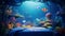 Design an imaginative and playful kids\\\' bedroom with a 3D background view of a colorful underwater world, where friendly sea