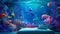 Design an imaginative and playful kids\\\' bedroom with a 3D background view of a colorful underwater world, where friendly sea