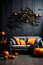 Design interior dark living room on Halloween with couch, scary orange pumpkins and bats