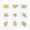 Design of linear yellow icons on the theme of vacation, summer and travel