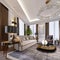 Design of luxury apartments in modern style with designer furniture and large curtains