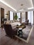 Design of luxury apartments in modern style with designer furniture and large curtains