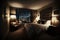 Design of luxury bedroom with captivatingly atmospheric cityscape. Generative AI