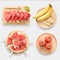 Design of mockup healthy watermelon, watermelon ice cream, banana and tomato on wooden dish set isolated