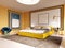 Design of a modern bedroom in yellow with a white headboard over the bed. Yellow bed