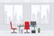 Design of modern empty business office working place front view vector illustration. Red chair, cityscape window interior