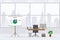 Design of modern empty office working place vector illustration flat style table desk graphite chair computer desktop on cityscape