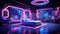 Design a nightclub-inspired luxury neon bedroom with LED-lit furniture, a DJ booth, and a dance floor, creating an electrifying