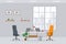 Design of office working place front view vector illustration. Table, desk, chair, computer, desktop, laptop isolated on cityscape
