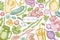 Design with pastel lemons, broccoli, radish, green beans, cherry tomatoes, beet, greenery, carrot, basil, pumpkin