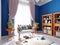 Design of a playroom for a small child, blue, white and orange. Rack with toys and decor and a stylish sofa