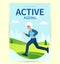 Design Poster Active ageing. Elderly woman is engaged in sports