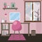 Design of a room with a workplace. Cute interior design in pink, Barbie style