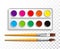 Design set of bright watercolor paints in box with paint brush on transparent background. Colorful vector illustration