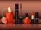 Design set of cosmetic promotional items. Women`s Accessories Lipstick, mascara, perfume bottle, nail polish on the table with ref