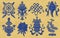 Design set with eight blue silhouttes of auspicious symbols of Buddhism