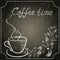 Design signboard for cafe with corner ornament, coffee cup in style hand drawing