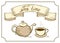 Design signboard for cafe or restaurant with retro ribbon, tea cup, kettle and headline in style hand drawing and handwriting