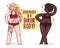 Design summer banner with group of girls plus size in swimsuits. Body positive poster with white and afro girl for