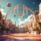 design a surreal basketball court scene with floating elements and dreamlike aesthetics trending