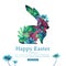 Design template banner for Happy Easter. Silhouettes of rabbit with floral, herb, plant decoration. Square card