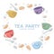 Design template with cute teapot, cups, sugar cubes and cookies. Decoration of invitations, poster for a tea party. Illustrations